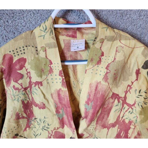 Click by Color Me Cotton Hi Low Jacket Top Yellow Floral 100% Linen Lagenlook M - Picture 2 of 11